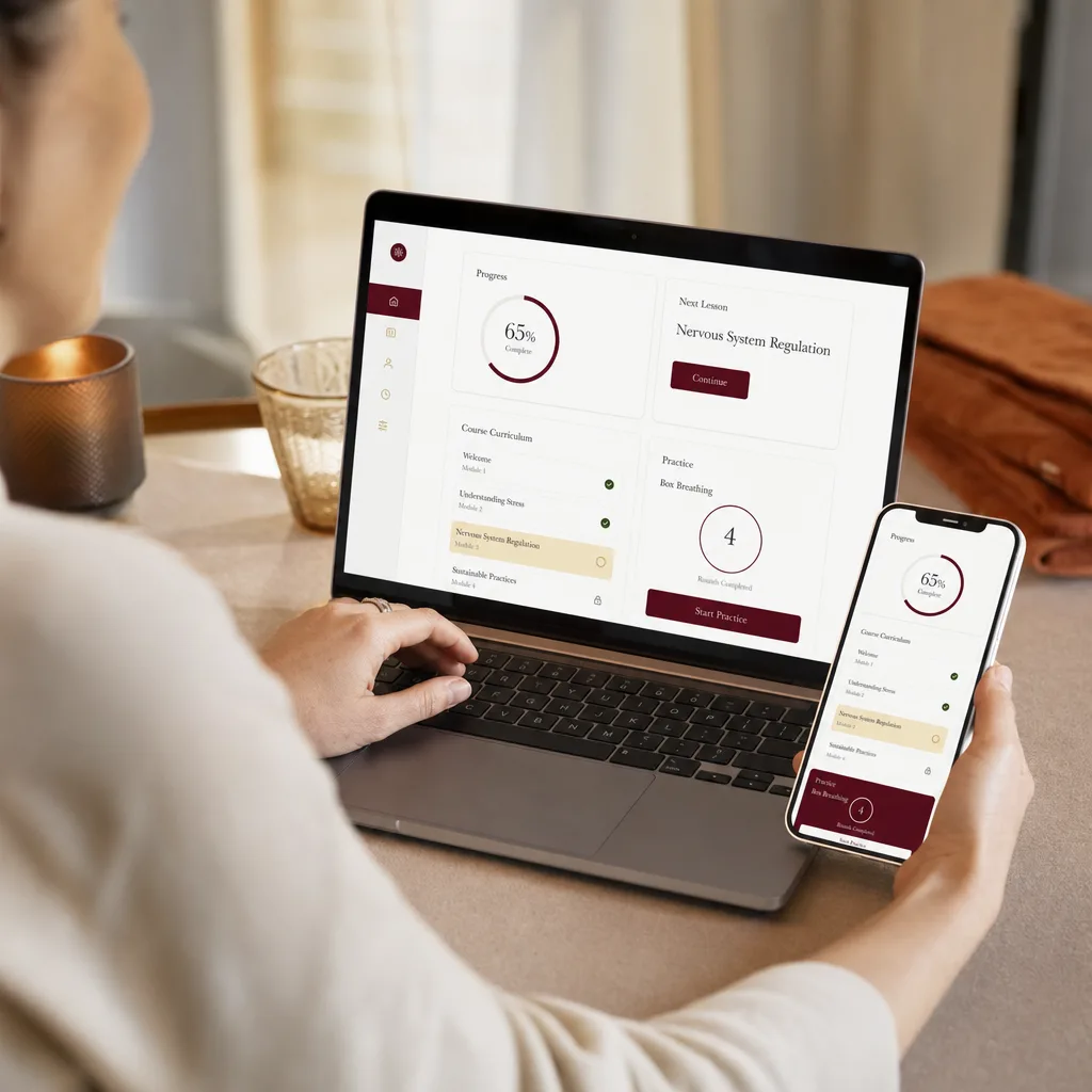Inside the program: course dashboard with modules, lessons and reference guides